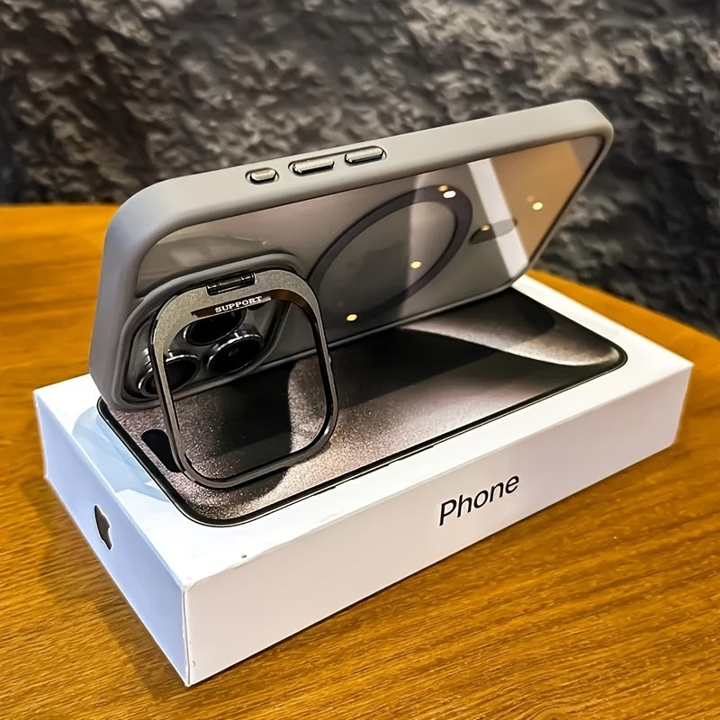 Simplified Magnetic Metal Frame Lens Protective Film/Bracket Three In One Phone Case Suitable for iPhone 16 16pro 16proMax 15 15Pro 15ProMax 14 14Pro 14ProMax 13 13Pro 13ProMax 12 12Pro 12ProMax 11 Acrylic Anti Drop Hard Shel
