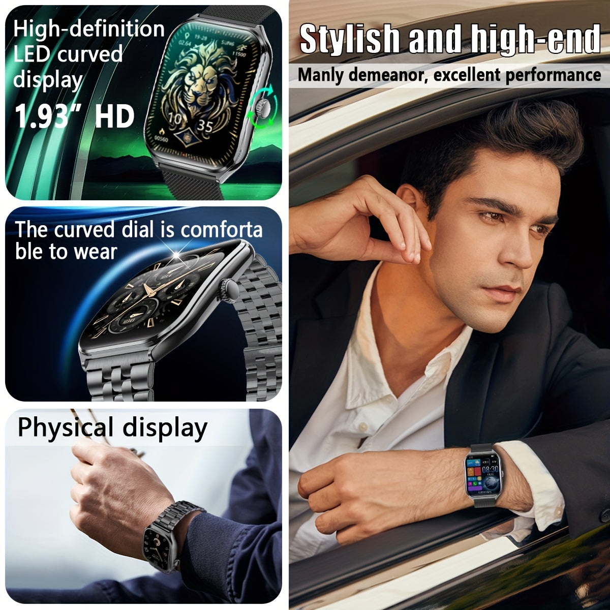 Sleek Ultra-Thin Smartwatch with 4.9cm Full Touch Display -, Dual Screen, USB Charging, Stainless Steel Case, for Android & for iPhone - Perfect for Fitness Tracking, Calls, Messages & Music Control