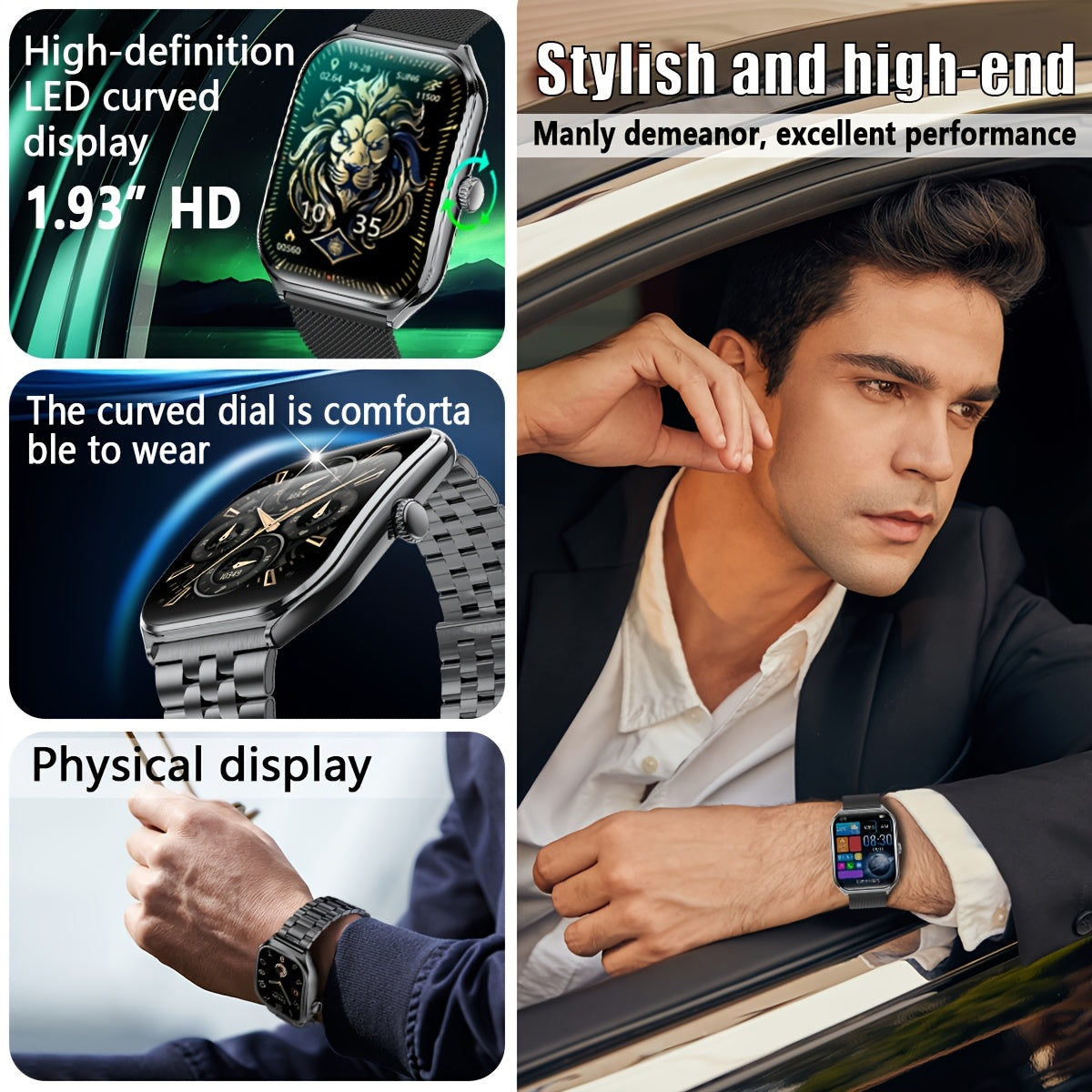 Sleek Ultra-Thin Smartwatch with 4.9cm Full Touch Display -, Dual Screen, USB Charging, Stainless Steel Case, for Android & for iPhone - Perfect for Fitness Tracking, Calls, Messages & Music Control