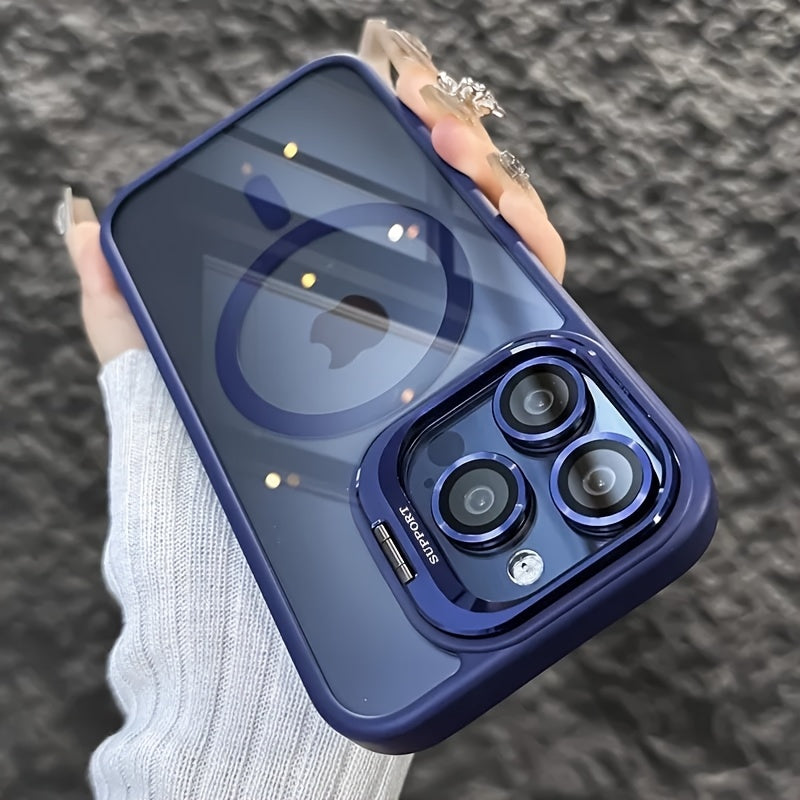 Simplified Magnetic Metal Frame Lens Protective Film/Bracket Three In One Phone Case Suitable for iPhone 16 16pro 16proMax 15 15Pro 15ProMax 14 14Pro 14ProMax 13 13Pro 13ProMax 12 12Pro 12ProMax 11 Acrylic Anti Drop Hard Shel