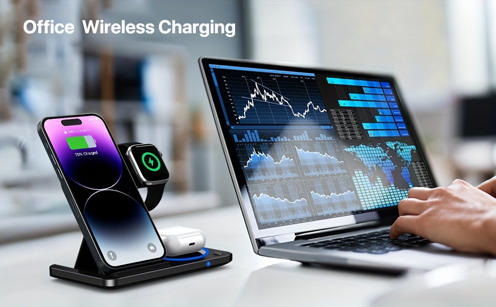 3-in-1 Foldable Wireless Charger Station, USB Magnetic Charging Stand Dock for iPhone 15/14/13/12/11 Series, iWatch Ultra2/Ultra/9/8/7/6 Series, and Earbuds 3/2/Pro Series - Fast Wireless Charging Hub